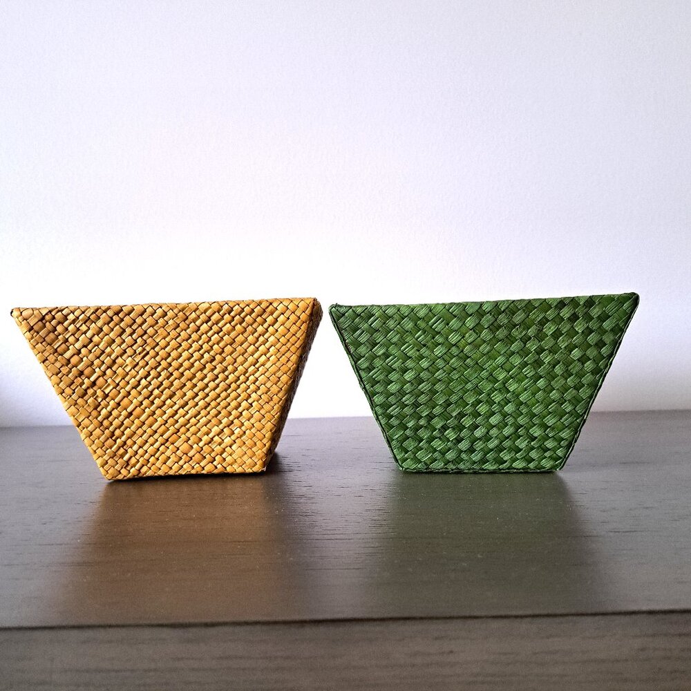 Pair of Woven Bamboo Baskets in Green and Cream